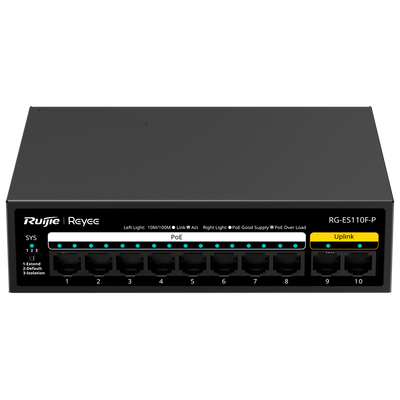 Reyee Switch PoE da Tavolo - Alloggiamento in Metallo - 8 porte RJ45 10/100 Mbps - 8 Porte PoE+ 802.3af/at + 2 Porte Uplink - Plug and Play - Tecnologia di risparmio energetico