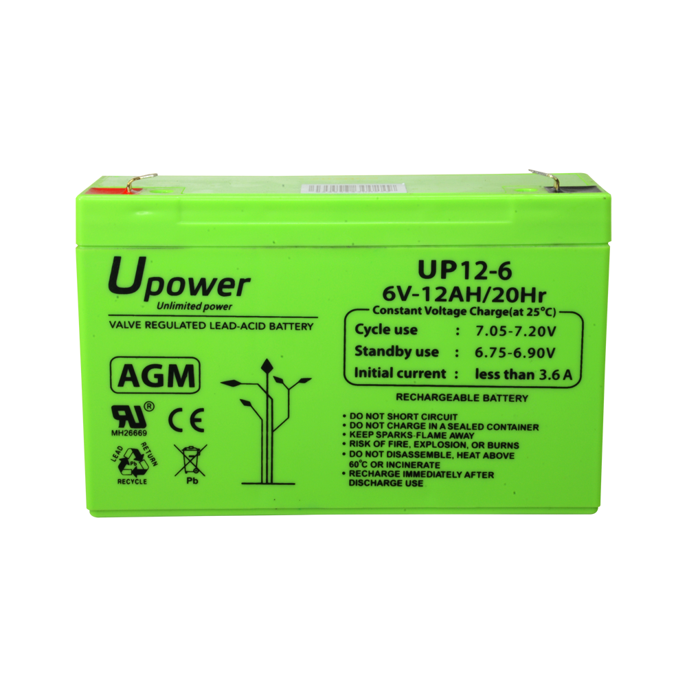 Upower - Batería recargable - Tecnología plomo-ácido AGM - Voltaje 6 V - Capacidad 12,0 Ah - 100 x 151x x 51/ 1800g - Para respaldo o uso directo
