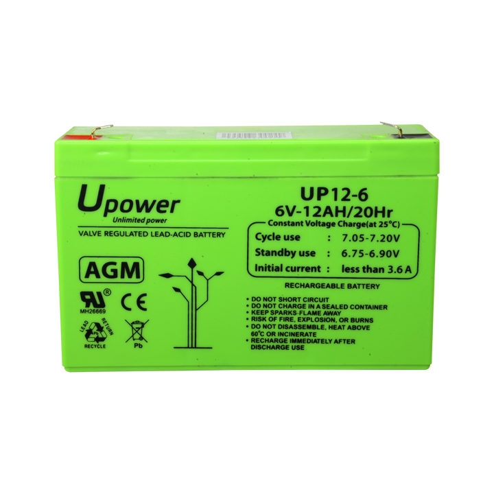 Upower - Rechargeable battery - AGM lead-acid technology - Voltage 6 V - Capacity 12.0 Ah - 100 x 151x 51/ 1800g - For backup or direct use